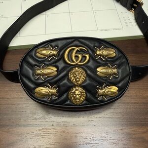 Gucci Black Matelasse Animal Stud Leather Belt Bag GG Marmont